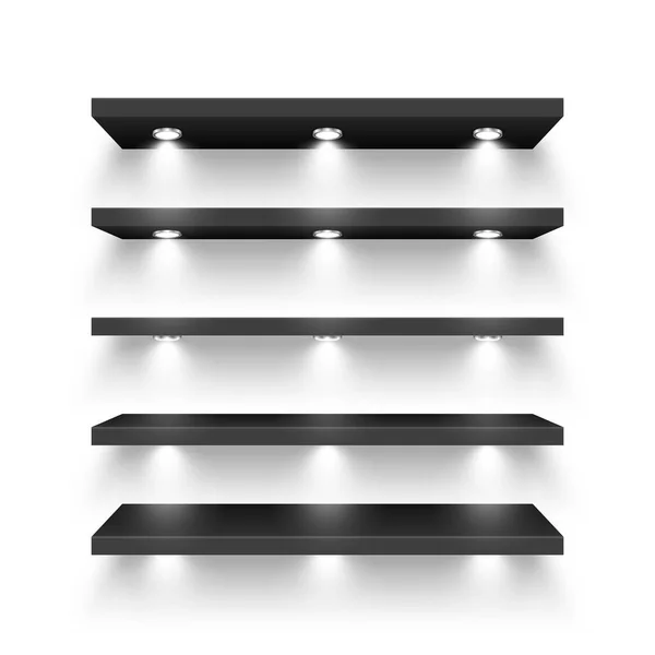 Realistic Black Store Shelves Lighting Spotlights Empty Product Shelf Grocery — Vetor de Stock