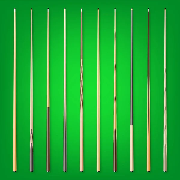 緑の背景に様々な木製のビリヤードキュー スヌーカースポーツ用品 ヴィンテージプールキュー アクティブなレクリエーションとエンターテイメント ベクターイラスト — ストックベクタ