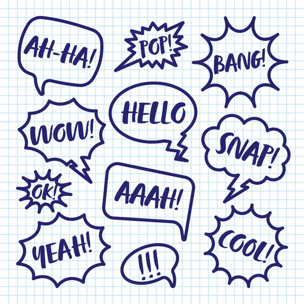 Hand Drawn Comic Speech Bubbles Checkered Paper Sheet School Notebook — Stock Vector