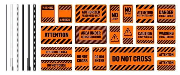 Предупреждение Знаки Опасности Баннеры Металлическими Столбами Оранжевый Предупреждающий Знак Указатель — стоковый вектор