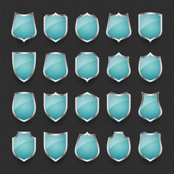 Conjunto Iconos Escudo Vidrio Vintage Escudos Heráldicos Azules Símbolo Protección — Vector de stock