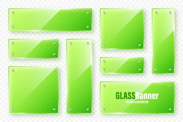 現実的なガラスフレームコレクション フレアやハイライトと緑の透明なガラスのバナー 光沢のあるアクリル板 光の反射とテキストのための場所の要素 ベクターイラスト — ストックベクタ