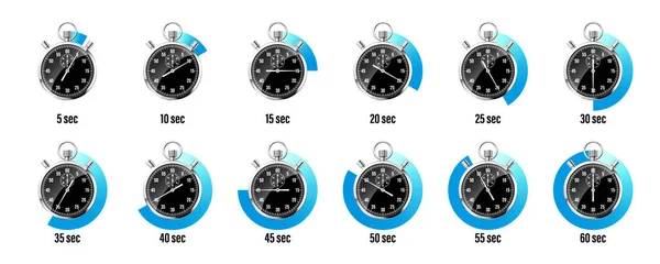 Realistic Classic Stopwatch Shiny Metal Chronometer Black Time Counter Dial — Stock Vector