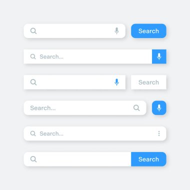 Various search bar templates. Internet browser engine with search box, address bar and text field. UI design, website interface element with web icons and push button. Vector illustration.