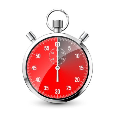 Gerçekçi klasik kronometre. Parlak metal kronometre, çevirmeli zaman sayacı. Kırmızı geri sayım zamanlayıcısı dakikaları ve saniyeleri gösteriyor. Spor için zaman ölçümü, başla ve bitir. Vektör illüstrasyonu.