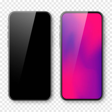 Boş dokunmatik ekranlı akıllı telefon ve soyut renkli arkaplan, duvar kağıdı. Ön görüntüde çerçevesiz cep telefonu var. Yüksek kalite detaylı cihaz modeli. Vektör illüstrasyonu.
