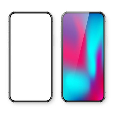 Boş dokunmatik ekranlı akıllı telefon ve soyut renkli arkaplan, duvar kağıdı. Ön görüntüde çerçevesiz cep telefonu var. Yüksek kalite detaylı cihaz modeli. Vektör illüstrasyonu.