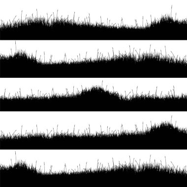 Otlu çayır siluetleri, ovadaki bitkiler. Panoramik yaz çimleri, otlar, çeşitli otlar. Bitki sınırı, çerçeve elementi. Siyah yatay pankartlar. Vektör illüstrasyonu.