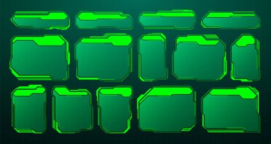 Yeşil fütüristik HUD, UI elementleri. Bilim kurgu kullanıcı arayüzü mesaj kutuları, çağrılar. Uyarı ileti çerçeveleri, bilgi kutuları şablonu. Modern oyun arayüzü düzeni dijital stilde. Vektör illüstrasyonu.