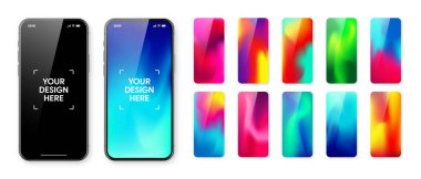 Boş dokunmatik ekranlı akıllı telefon ve soyut renkli arkaplan, duvar kağıdı. Ön görüntüde çerçevesiz cep telefonu var. Yüksek kalite detaylı cihaz modeli. Vektör illüstrasyonu.