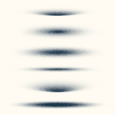 Stipple shadows set, vintage dotted design elements. Fading gradient. Stippling, dotwork drawing, shading using dots. Halftone disintegration effect. White noise grainy texture. Vector illustration.