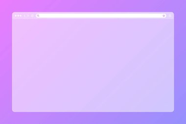 Renkli arkaplanda araç çubuğu ve arama alanı olan boş şeffaf web tarayıcı penceresi. Modern web sitesi, internet sayfası. Bilgisayar, tablet ve akıllı telefon için tarayıcı modeli. Vektör illüstrasyonu.