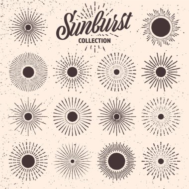 Klasik grunge güneş patlaması, günbatımı ışınları. El çizimi güneş patlaması, ışık ışınları. Logotype ya da dizayn ögesi retro tarzında. Vektör illüstrasyonu.