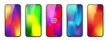 Dokunmatik ekranlı akıllı telefon ve soyut renkli arkaplan, duvar kağıdı. Ön görüntüde çerçevesiz cep telefonu var. Yüksek kalite detaylı cihaz modeli. Vektör illüstrasyonu.