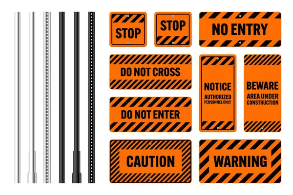 stock vector Warning, danger signs, attention banners with metal poles. Orange caution sign, construction site signage. Notice signboard, warning banner, road shield. Vector illustration.