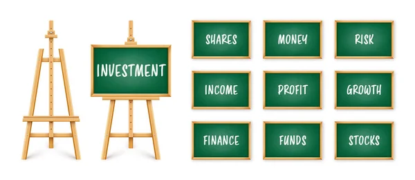 木制画架上的绿色黑板 三脚架上的木制框架黑板 展示板与文字 书写或绘图表面 商业投资 经济和金融 矢量说明 — 图库矢量图片