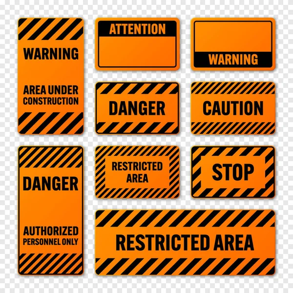 Verschiedene Schwarze Und Orangefarbene Warnschilder Mit Diagonalen Linien Achtung Gefahren — Stockvektor