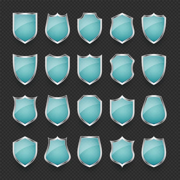 Набір Старовинних Скляних Значків Щита Блакитні Геральдичні Щити Чорний Захист — стоковий вектор