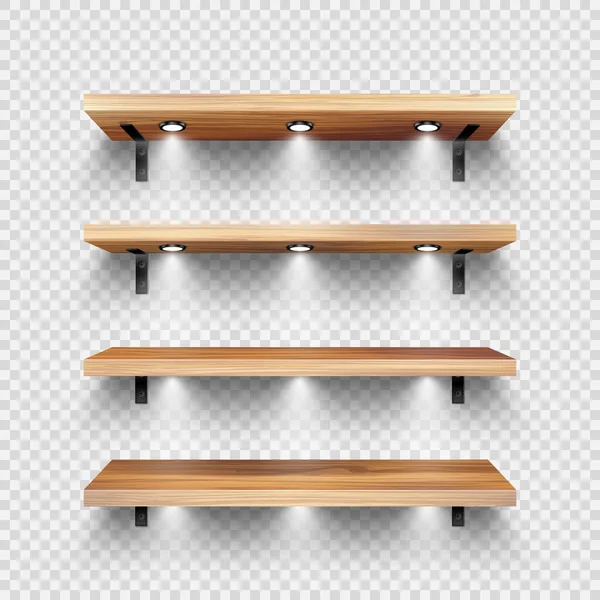 Realistic Wooden Store Shelves Wall Mount Lighting Spotlights Empty Product — Stock Vector