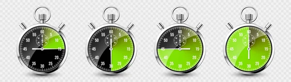 现实的经典秒表 新金属计时器 计时器与刻度盘 绿色倒计时显示分分秒秒 运动时间的测量 开始和结束 矢量说明 — 图库矢量图片