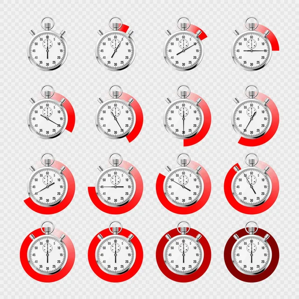 Realistische Klassieke Stopwatch Glanzende Metalen Chronometer Tijdteller Met Wijzerplaat Rood — Stockvector