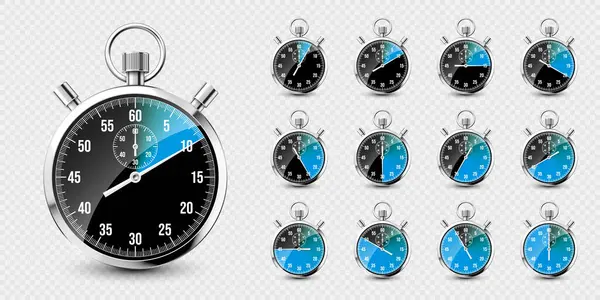 Reális Klasszikus Stopper Fényes Fém Kronométer Időszámláló Tárcsával Kék Visszaszámláló — Stock Vector