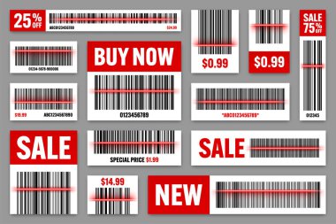 Set of product barcodes with red scanning line. Sale stickers, discount label or promotional badge. Serial number, product ID. Store or supermarket scan labels, price tag. Vector illustration.