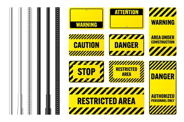 Aviso Sinais Perigo Banners Atenção Com Postes Metal Alerta Amarelo —  Vetores de Stock