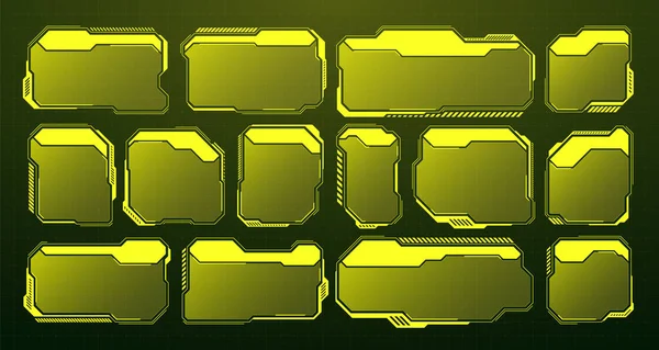 黄色の未来的なHud Ui要素 Sci Fiユーザーインターフェイステキストボックス コールアウト 警告メッセージフレーム 情報ボックステンプレート デジタルスタイルの現代的なゲームインターフェースレイアウト ベクターイラスト — ストックベクタ