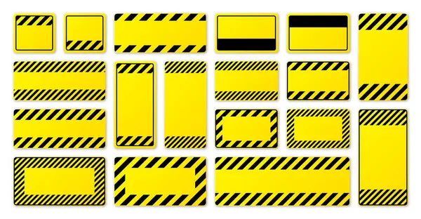 斜線を持つ様々な空白の黄色の警告標識 危険または注意サイン 建設現場の看板 現実的な通知の看板 警告バナー 道路シールド ベクターイラスト — ストックベクタ