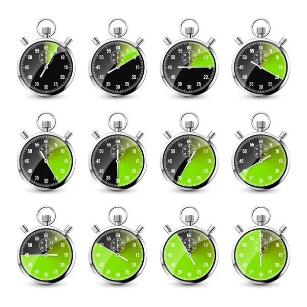Realistische Klassieke Stopwatch Glanzende Metalen Chronometer Tijdteller Met Wijzerplaat Groene — Stockvector