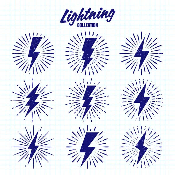 Set Vintage Hand Drawn Lightning Bolts Sun Rays Checkered Paper — Stock Vector