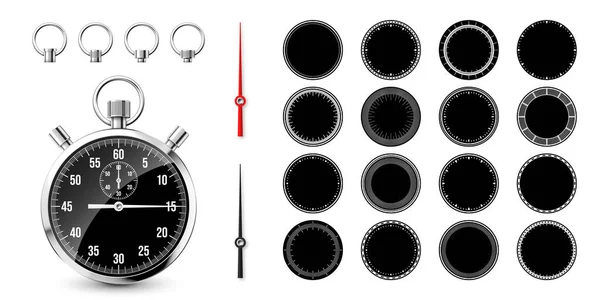 经典的钟表与时钟脸 新金属计时器 计时器与刻度盘 倒计时显示分分秒秒 运动时间的测量 开始和结束 矢量说明 — 图库矢量图片