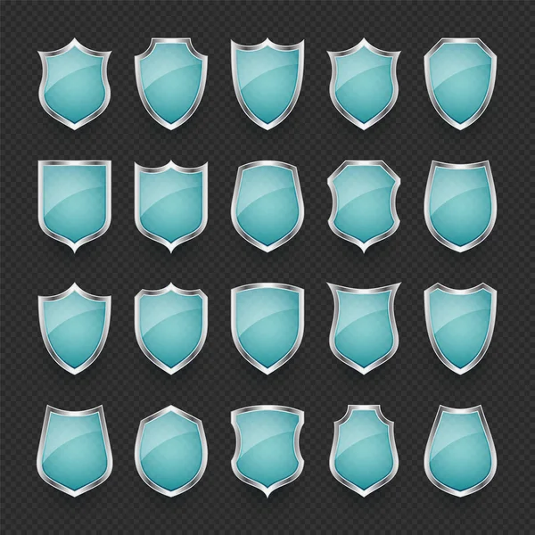 Conjunto Iconos Escudo Vidrio Vintage Escudos Heráldicos Azules Símbolo Protección — Vector de stock