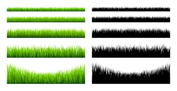 stock vector Meadow silhouettes with grass, plants on plain. Green and black panoramic summer lawn landscape with herbs, various weeds. Herbal border, frame element. Horizontal banners. Vector illustration.