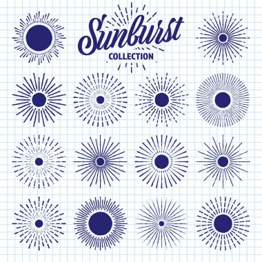 El yapımı klasik güneş kremi, kareli kâğıt üzerinde günbatımı ışınları. Patlayan güneş, ışık ışınları. Logotype ya da dizayn ögesi retro tarzında. Çizim için okul defteri. Vektör illüstrasyonu.