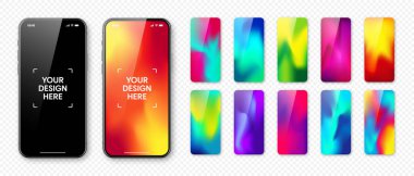Boş dokunmatik ekranlı akıllı telefon ve soyut renkli arkaplan, duvar kağıdı. Ön görüntüde çerçevesiz cep telefonu var. Yüksek kalite detaylı cihaz modeli. Vektör illüstrasyonu.