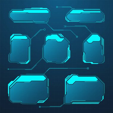 Mavi fütüristik HUD ya da UI elementleri. Bilim kurgu kullanıcı arayüzü mesaj kutuları, çağrılar. Uyarı ileti çerçeveleri, bilgi kutuları şablonu. Modern oyun arayüzü düzeni dijital stilde. Vektör illüstrasyonu.