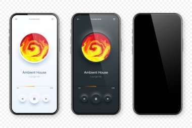 Çevrimiçi ses oynatıcı arayüzü, akıllı telefon uygulaması UI tasarımı. Müzik, medya yayını ve dinleme platformu. Tepkili mobil uygulama. Neumorphism, neumorphic style. Vektör illüstrasyonu