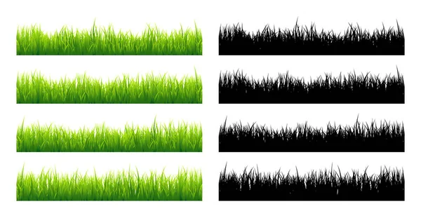 Silhouettes Prairie Avec Herbe Plantes Sur Plaine Paysage Vert Noir — Image vectorielle