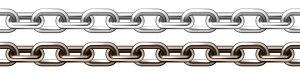 Реалистичная серебряная и коричневая металлическая цепь со старыми ржавыми звеньями, изолированными на белом фоне. Тяжелая стальная цепь для промышленного использования. Векторная иллюстрация.