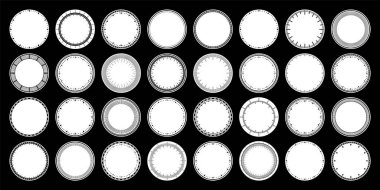 Mekanik saat yüzleri, bezel. Dakika ve saat işaretli yuvarlak arama. Zamanlayıcı ya da kronometre elemanı. Boş ölçüm çemberi ölçeği ve bölünmeler. Vektör illüstrasyonu