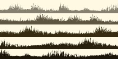 Otlu çayır siluetleri, ovadaki bitkiler. Panoramik yaz çimleri, otlar, çeşitli otlar. Bitki sınırı, çerçeve elementi. Kahverengi yatay pankartlar. Vektör illüstrasyonu.