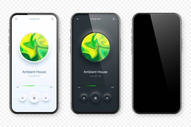 Çevrimiçi ses oynatıcı arayüzü, akıllı telefon uygulaması UI tasarımı. Müzik, medya yayını ve dinleme platformu. Tepkili mobil uygulama. Neumorphism, neumorphic style. Vektör illüstrasyonu