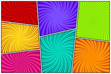 Renkli çarpık çizgi roman ışınları, çizgiler. Hareketli çizgi roman arka planı, hız çizgileri. Pop sanatsal elementler. Vektör illüstrasyonu.