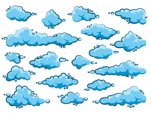 青い背景に漫画の雲を描いた 単純な手のラウンド雲 夏の空のパノラマ 雲の風景を描いた フラットデザイン ベクターイラスト — ストックベクタ