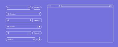 Boş web tarayıcısı, araç çubuğu ve arama çubuğu olan internet sayfası penceresi, alan. Modern web sitesi düz stil, çizgi sanatı. Bilgisayar, tablet ve akıllı telefon için tarayıcı modeli. Vektör illüstrasyonu.
