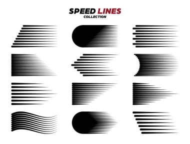 Siyah çizgi film ya da yuvarlak köşeli komik hız çizgileri. Hareket etkisinde basit bir çizgi. Çizgi roman tasarım elemanı. Vektör koleksiyonu.