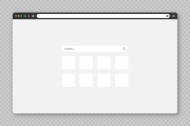 Sekme, araç çubuğu ve arama alanı olan boş web tarayıcı penceresi. Modern web sitesi, düz stil internet sayfası. Bilgisayar, tablet ve akıllı telefon için tarayıcı modeli. Vektör illüstrasyonu.