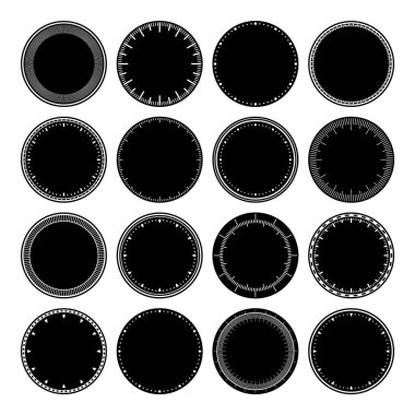 Mekanik saat yüzleri, bezel. Dakika ve saat işaretli yuvarlak arama. Zamanlayıcı ya da kronometre elemanı. Boş ölçüm çemberi ölçeği ve bölünmeler. Vektör illüstrasyonu